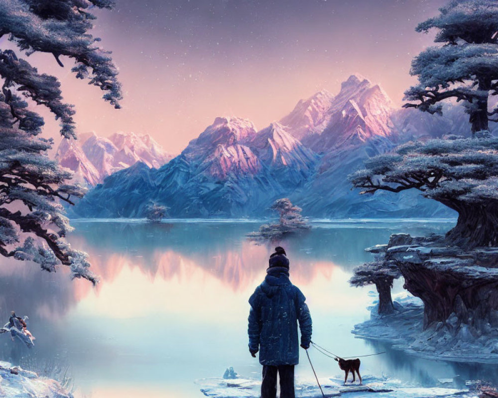 Person and dog in snowy mountain landscape under starry sky