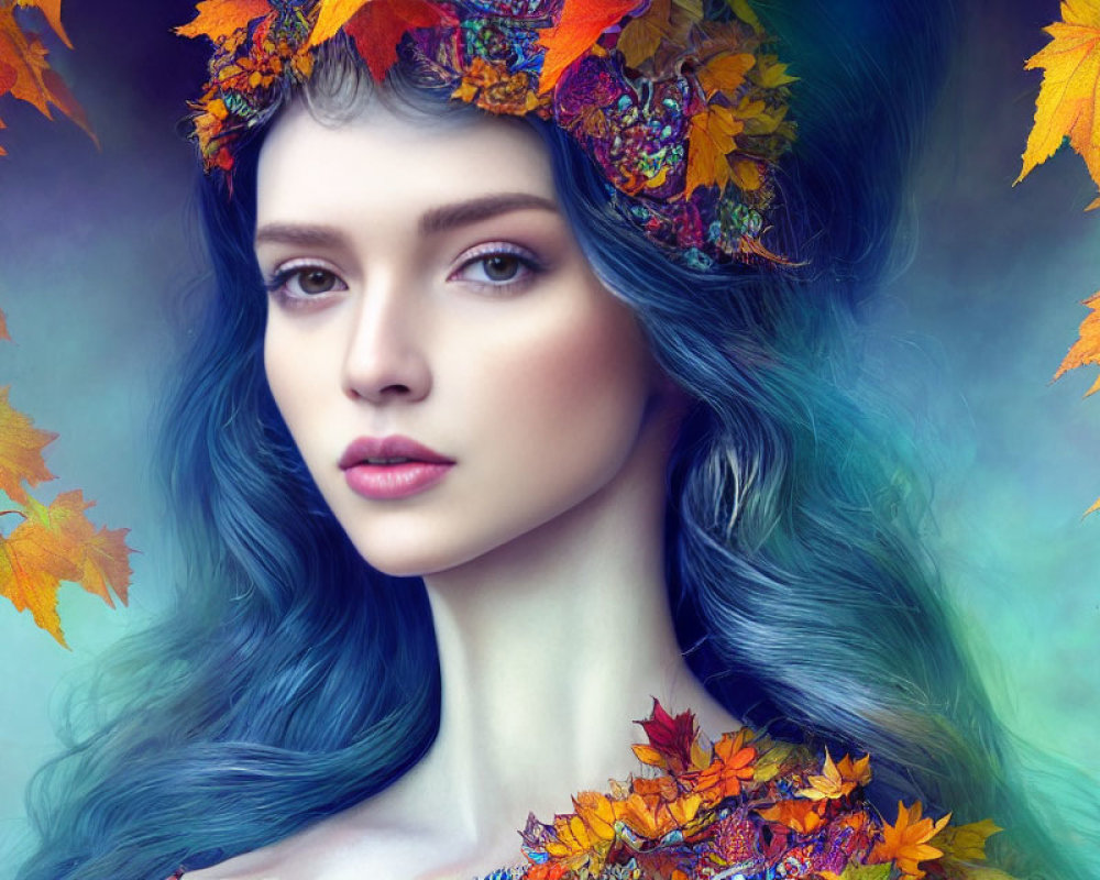 Colorful autumn leaves adorn woman's vibrant blue hair on gradient blue and purple background