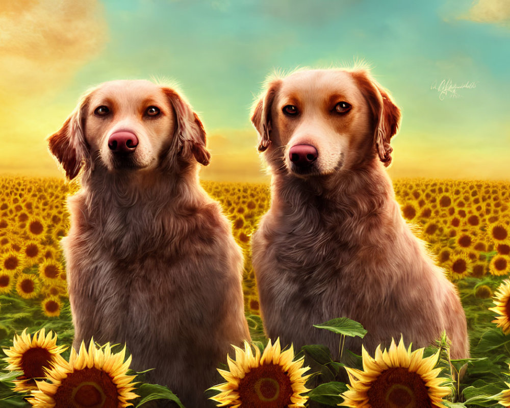 Golden Retrievers Sitting in Sunflower Field at Sunset
