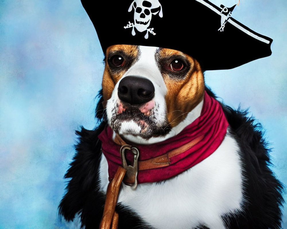 Dog in Pirate Costume with Skull Hat and Red Bandana on Blue Background