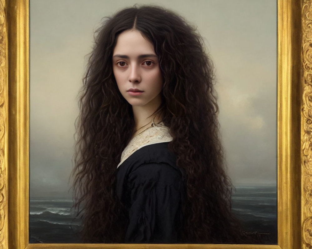 Realistic portrait of woman with long brown hair in black dress, ornate golden frame, ocean backdrop