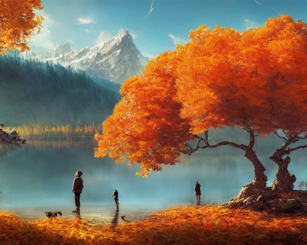 Tranquil autumn landscape with orange tree, lake, mountains, and figures