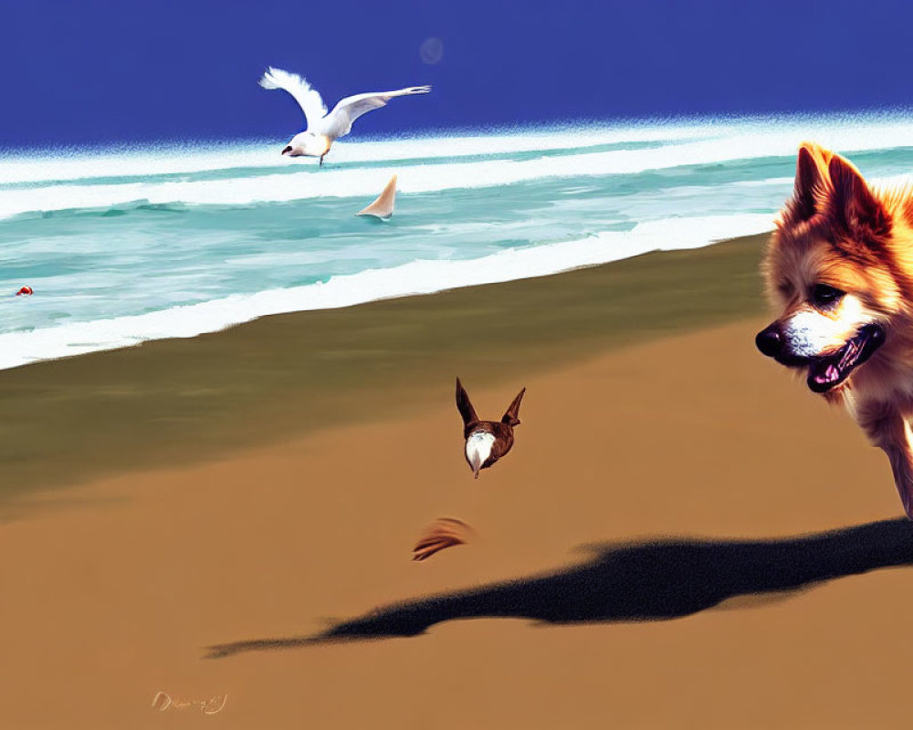 Fluffy Tan Dog Running on Sandy Beach with Seagulls in Clear Blue Sky
