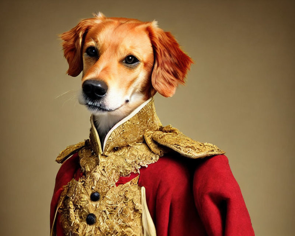 Dog's head on historical military uniform body in red and gold uniform on beige background