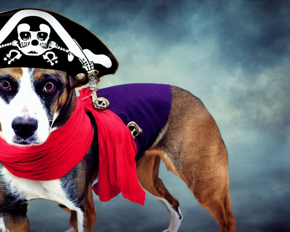Pirate-themed dog costume with red bandana and skull hat