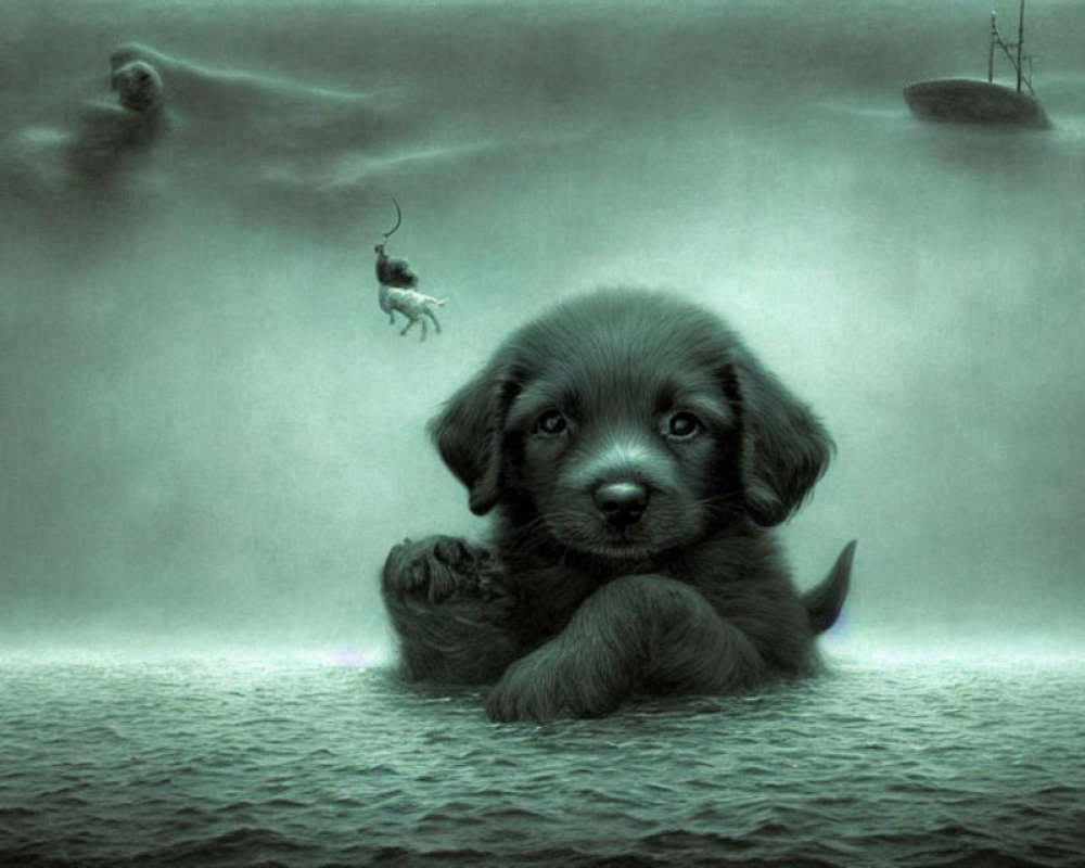 Surreal image of sad-eyed puppy on water with submarine and astronaut
