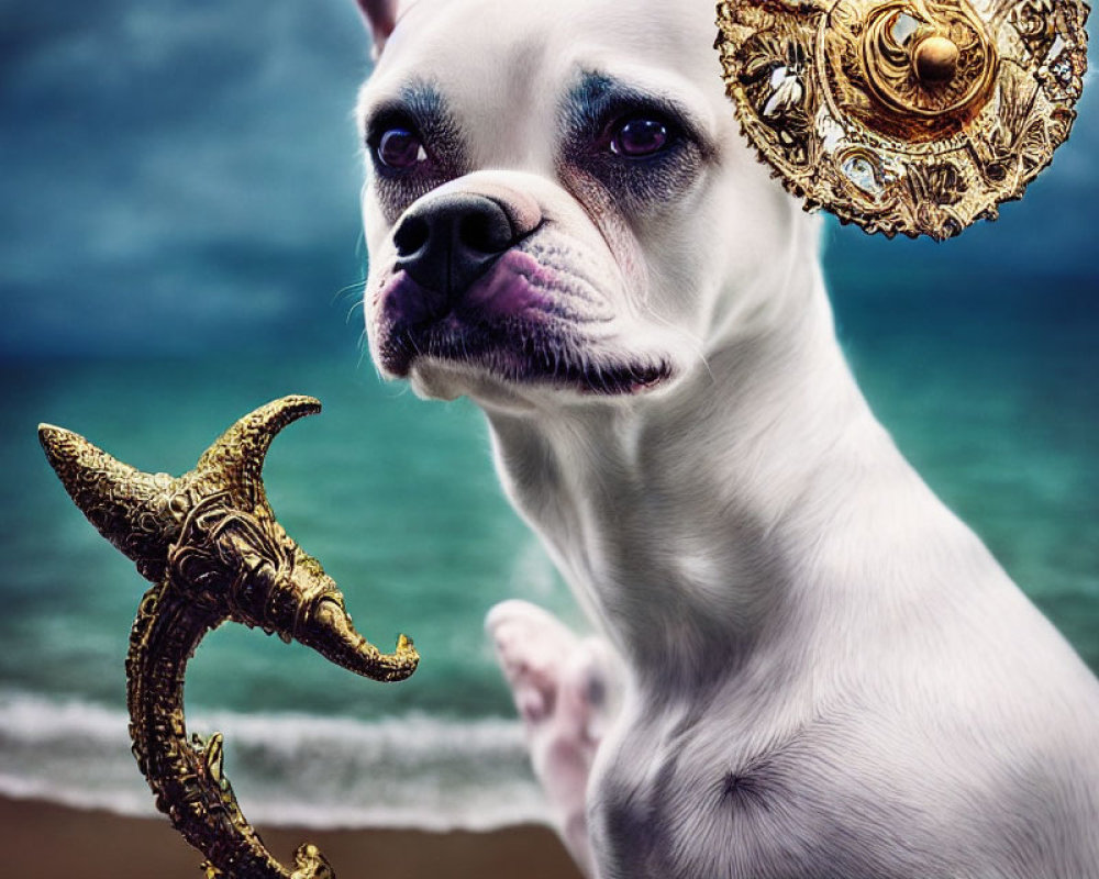 White Dog with Human-Like Eyes and Jewelry by the Sea