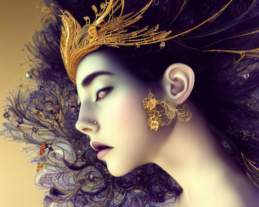 Profile view of woman with artistic makeup, wearing gold crown and earring on golden background