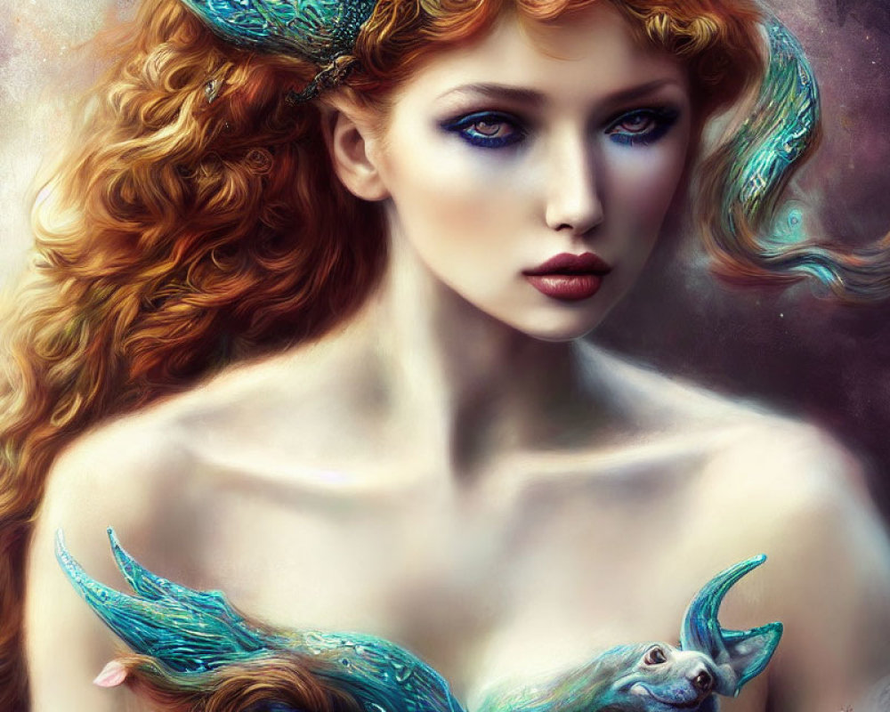 Ethereal woman with red hair and blue eyes surrounded by fantastical blue-winged creatures