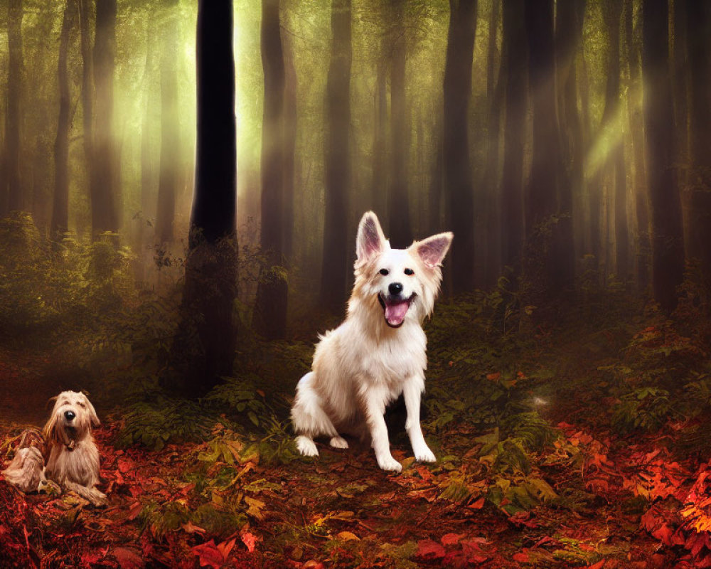 White Dog in Sunlit Forest with Red Leaves and Small Companion
