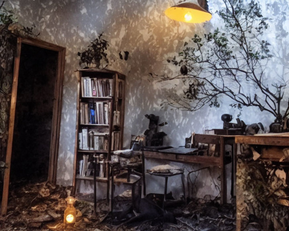 Surreal room with nature and vintage items for mysterious ambiance