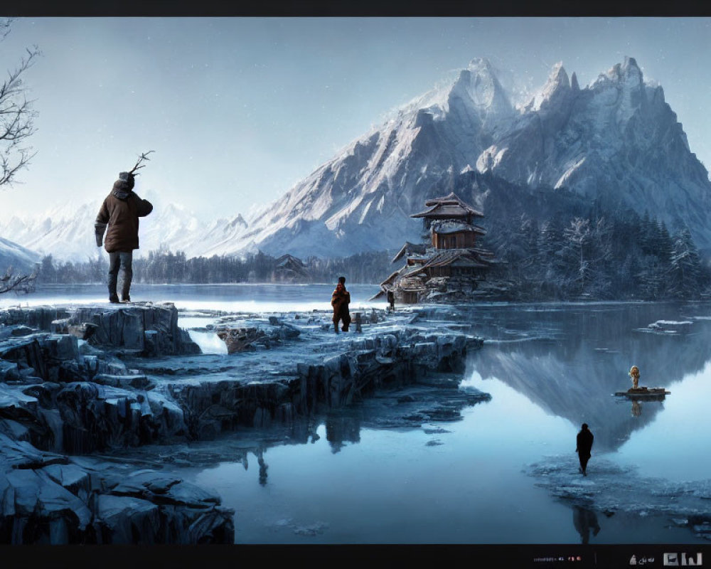 Snowy Mountains, Lake, People, Traditional Architecture, Twilight Sky