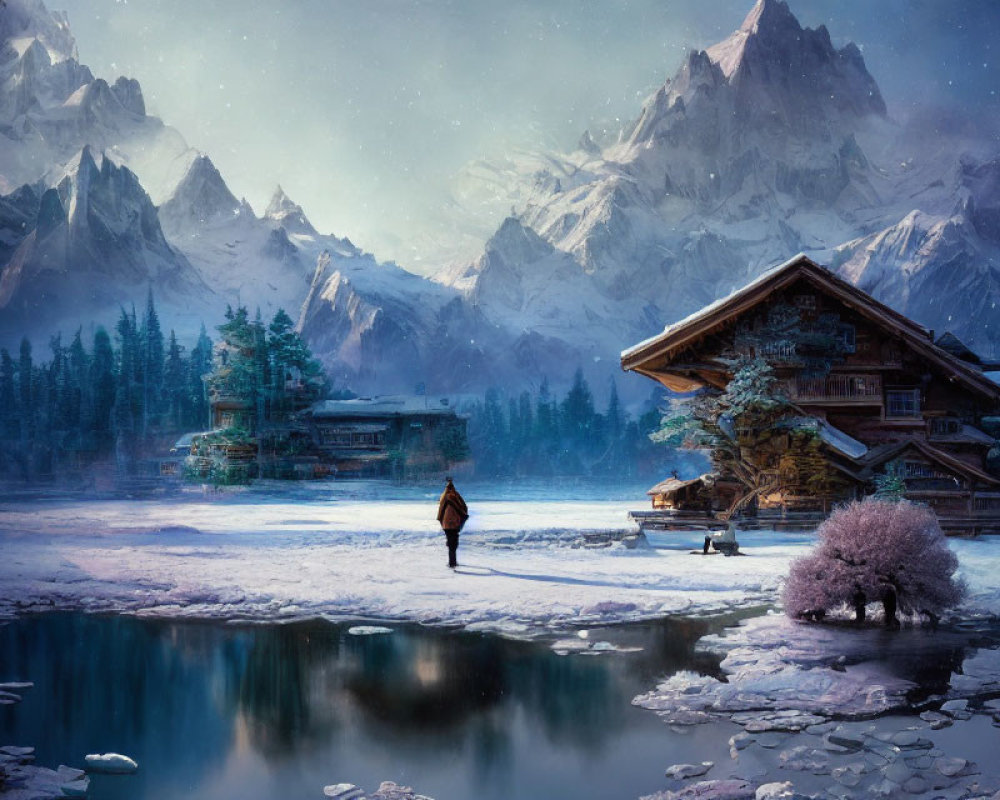 Snow-covered chalets by tranquil pond and mountains at twilight