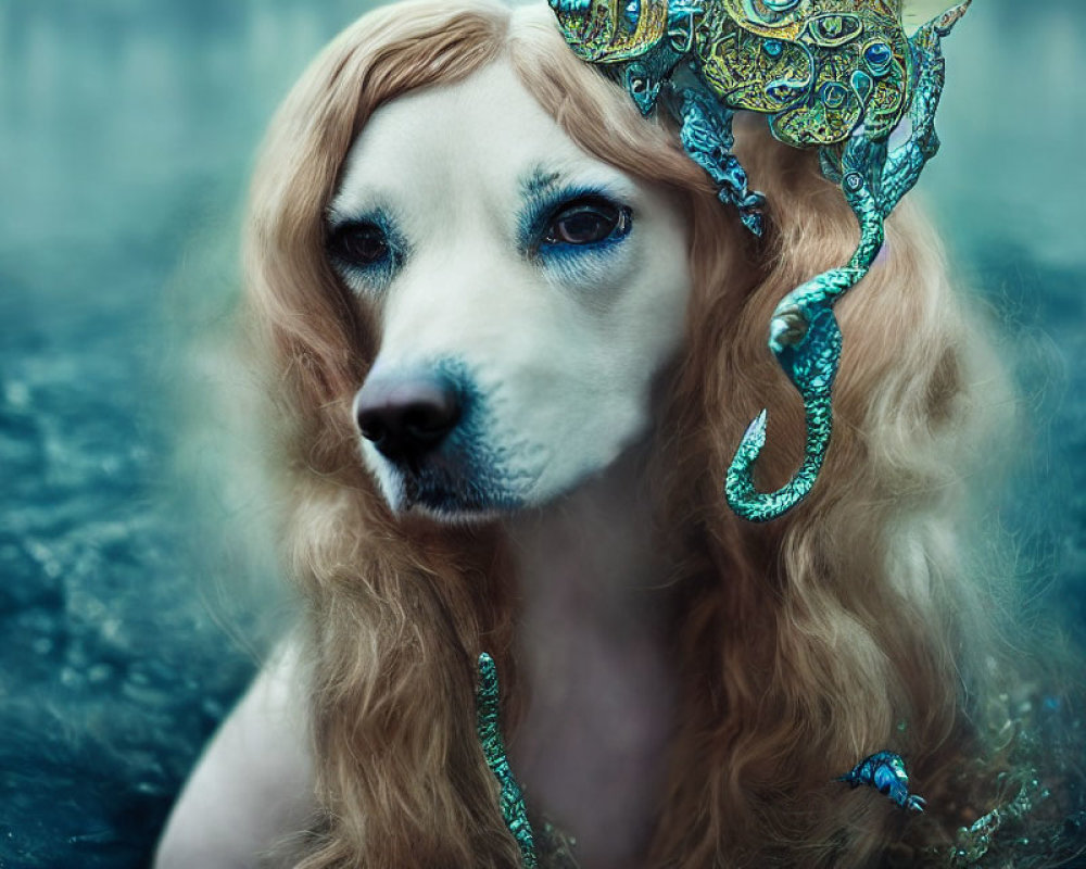 Surreal image: dog with human-like eyes and long wavy hair in ornate blue and