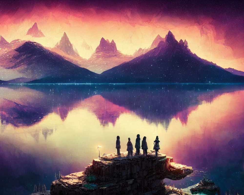 Silhouettes on rocky outcrop admire purple mountains reflected in tranquil lake