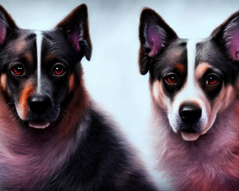 Realistic portraits of dogs with black, white, and brown fur on gray background