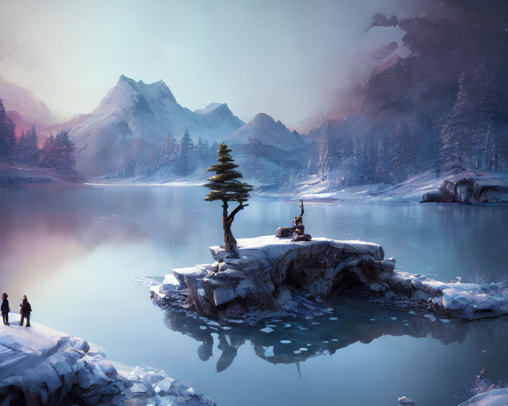 Snowy lake landscape with mountains and tree island