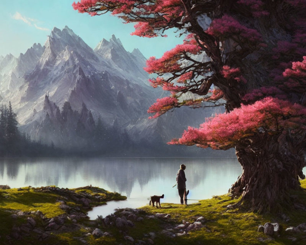 Tranquil landscape with person, dog, pink tree, lake, and mountains