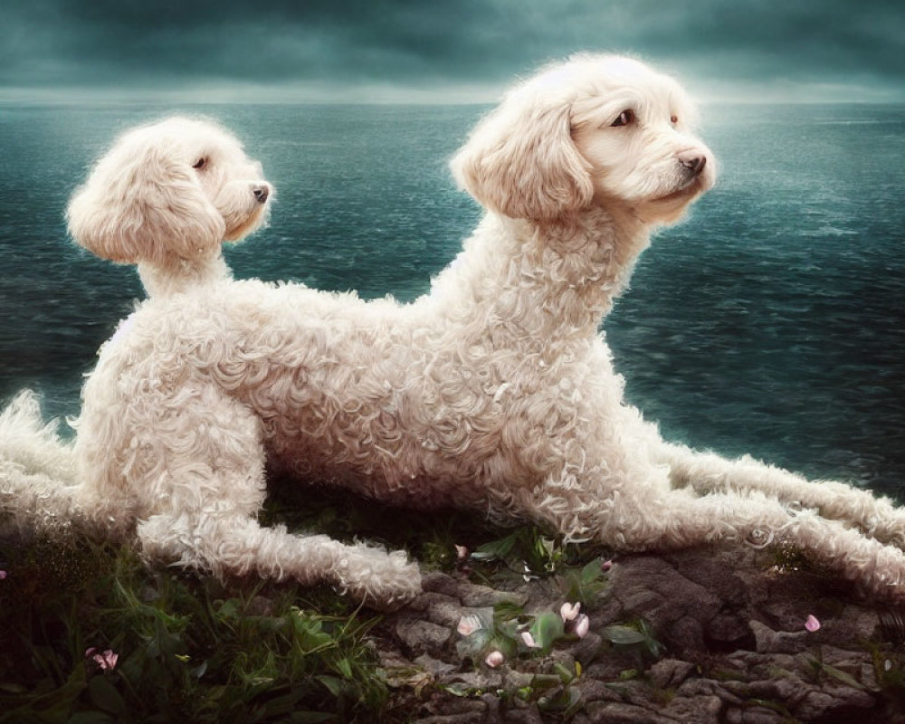 Curly-haired white dogs sitting on rocks by serene sea
