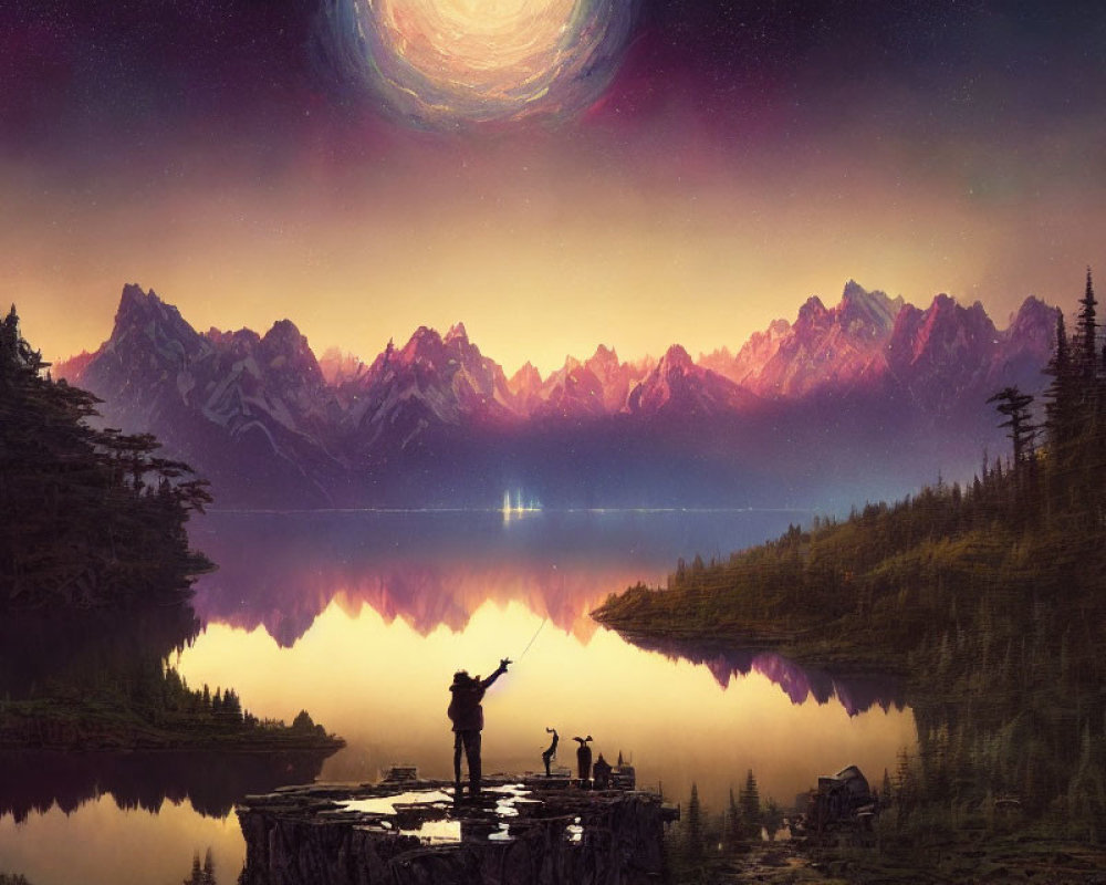 Person pointing to spiraling galaxy above serene lake and mountains under starry sky