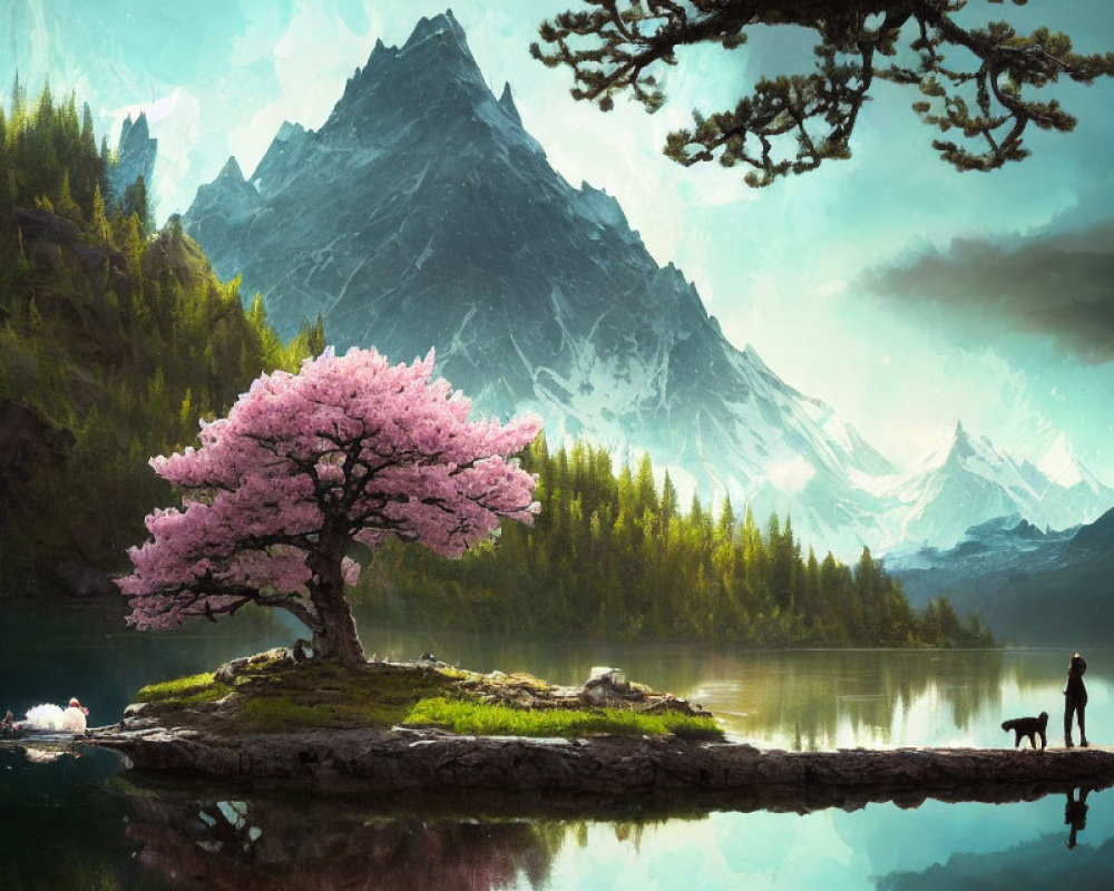 Tranquil landscape with person, dog, cherry blossom tree, lake, and mountains.