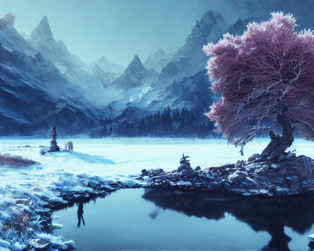 Frozen Lake Winter Landscape with Pink Tree and Figure with Dog
