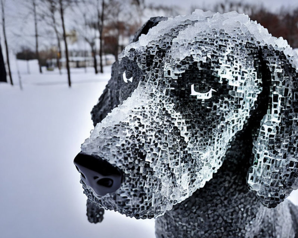 Detailed Close-Up of Clear and Black Ice Dog Sculpture