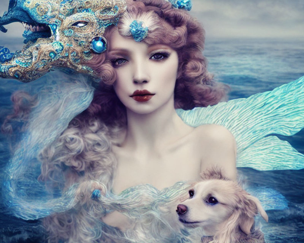 Curly-haired woman with blue flowers and mask, with dog, in stormy sea scene