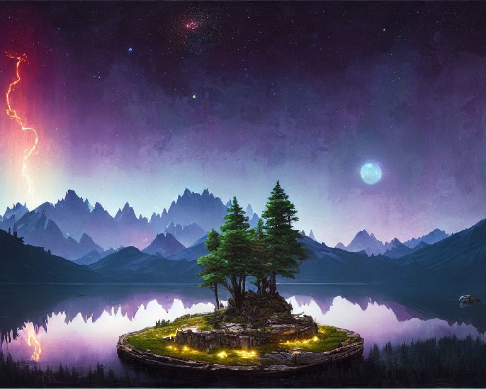 Nighttime lakeside landscape with mountains, island, vibrant sky, stars, nebulae, and