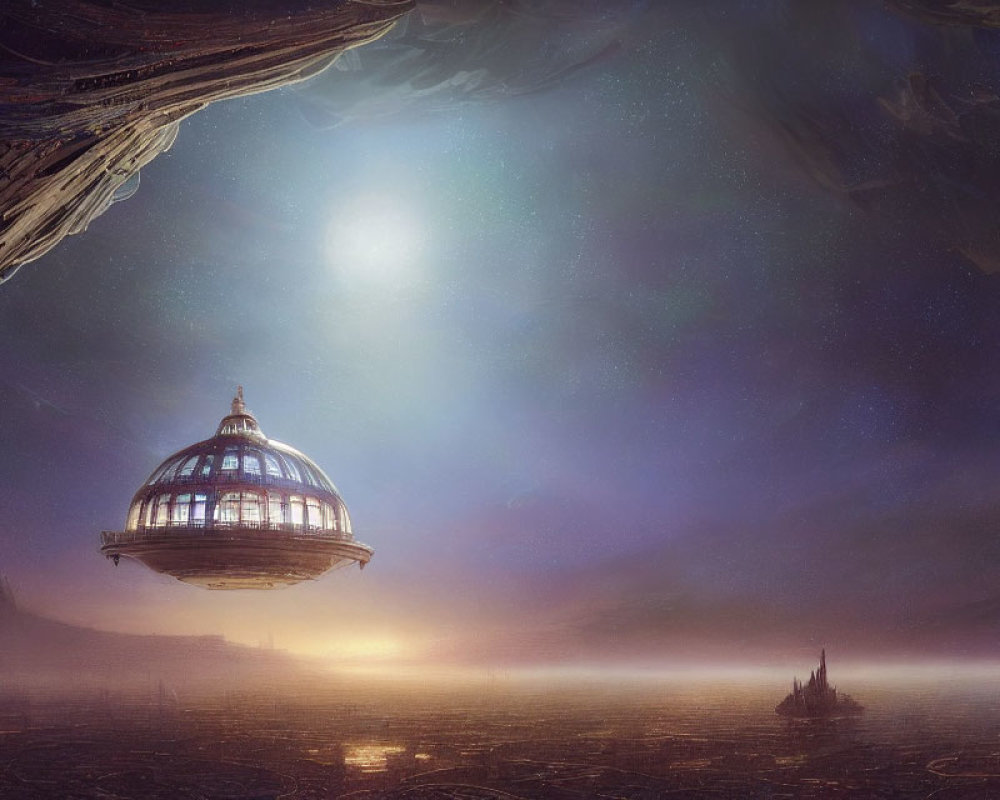Fantastical landscape with glowing dome under starry sky