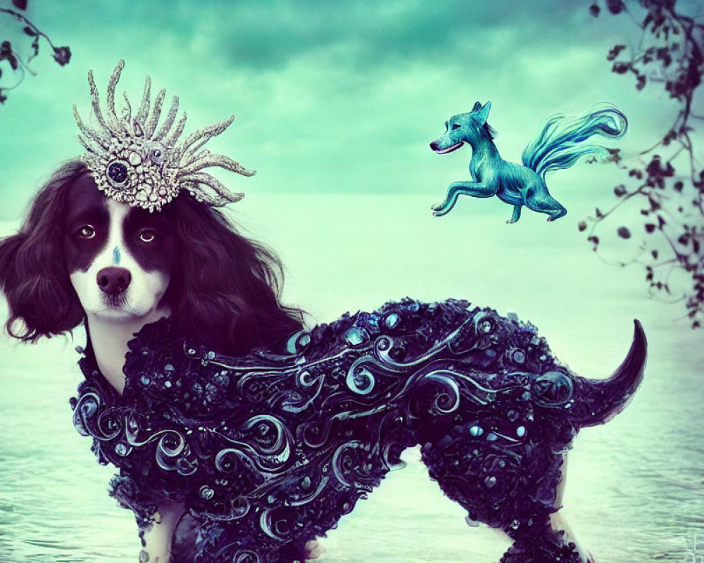 Whimsical dog in blue costume with crown and winged creature on dreamy backdrop