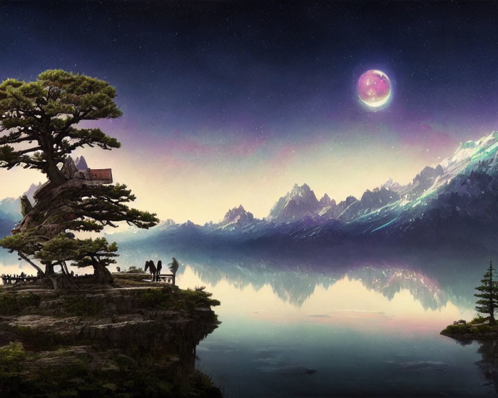 Vibrant pink and purple twilight landscape with full moon, reflective lake, mountains, and silhou