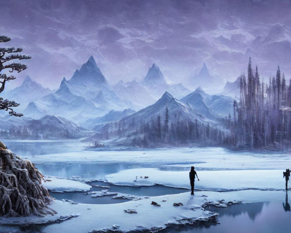 Fantasy winter landscape with ice skaters on frozen lake