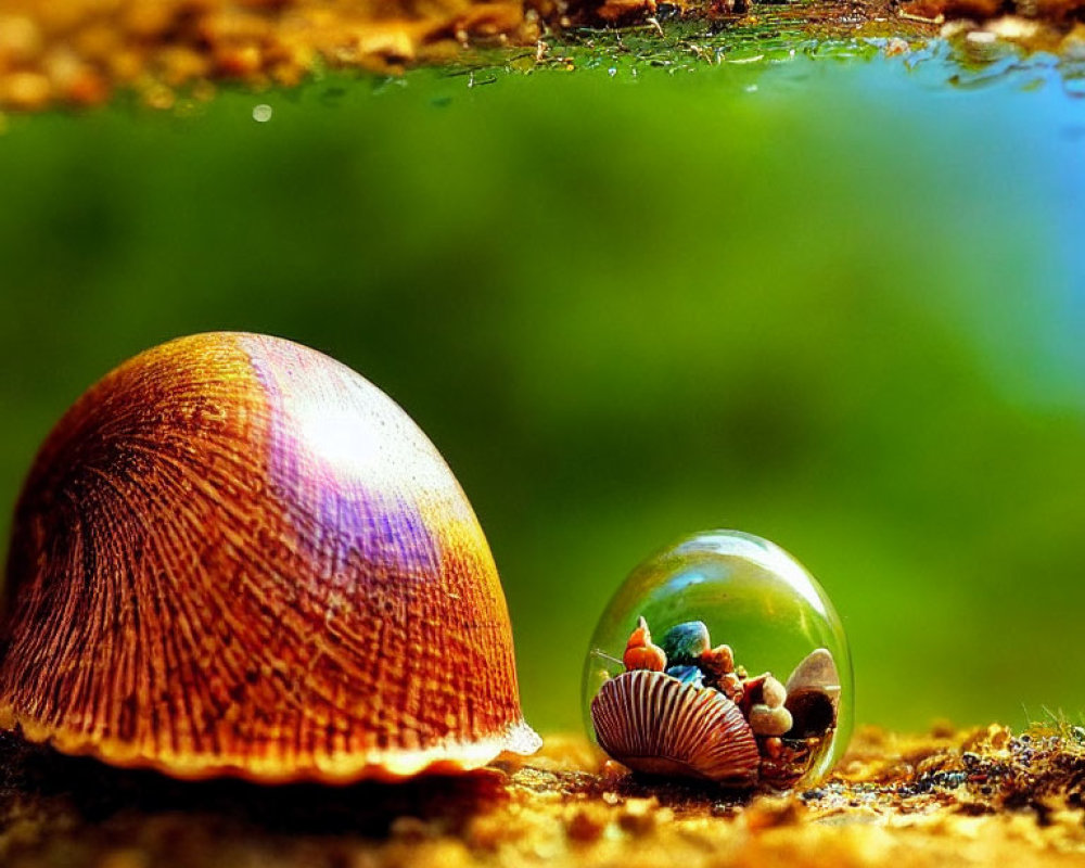 Hazelnut shell and reflective marble on colorful ground showcase miniature world