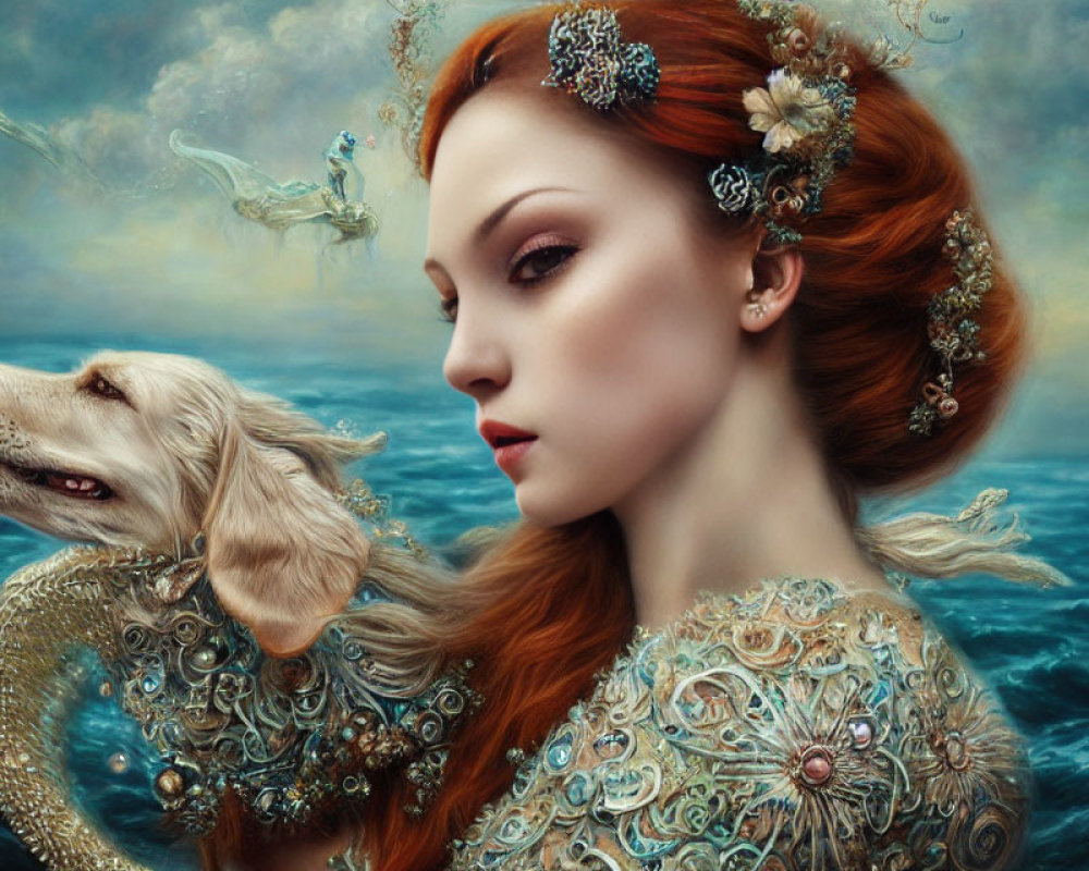 Red-Haired Woman in Ornate Attire with White Dog and Ocean Background