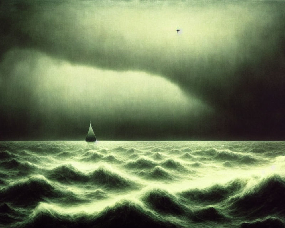 Sailboat on Green Waves under Stormy Sky