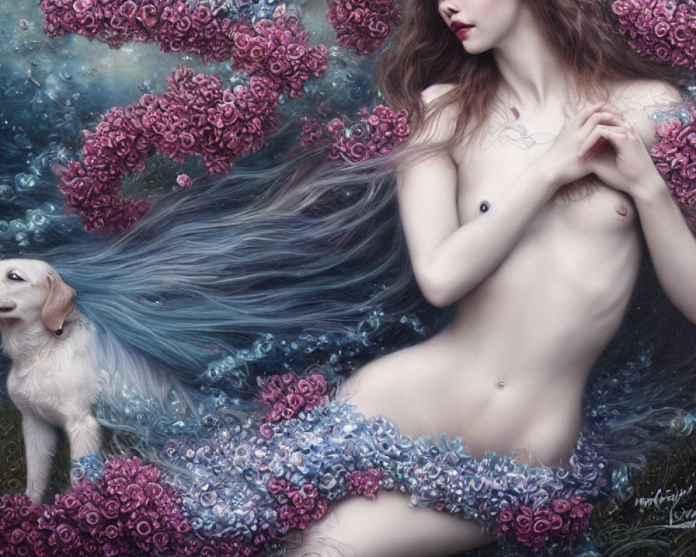 Fantastical nude woman with flowing hair among pink blossoms and a small dog in dreamy setting