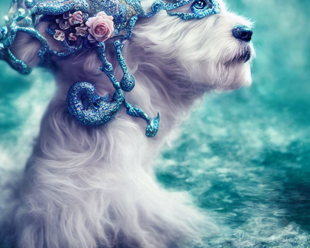 Fluffy White Dog with Blue Octopus Hat on Teal Background