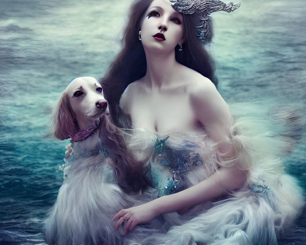 Woman in ethereal blue dress with cream dog against moody sea-like backdrop