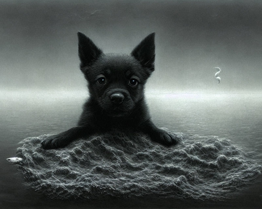Black puppy with pointed ears on fur island with white fish and question mark in misty setting