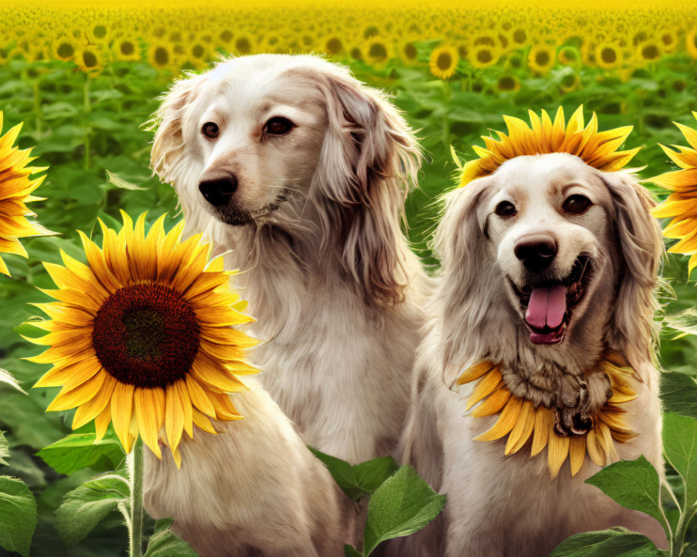 Golden retrievers with sunflowers in sunflower field