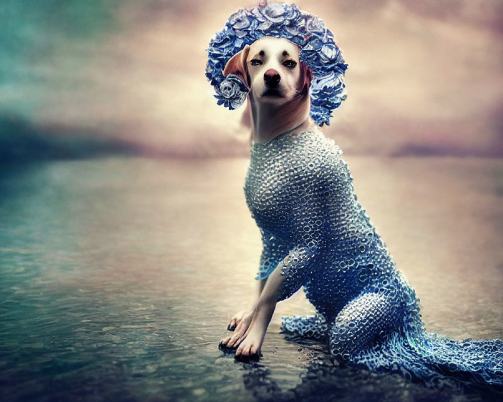 Dog's Head on Human Body in Blue Dress and Hat Against Colorful Waterscape