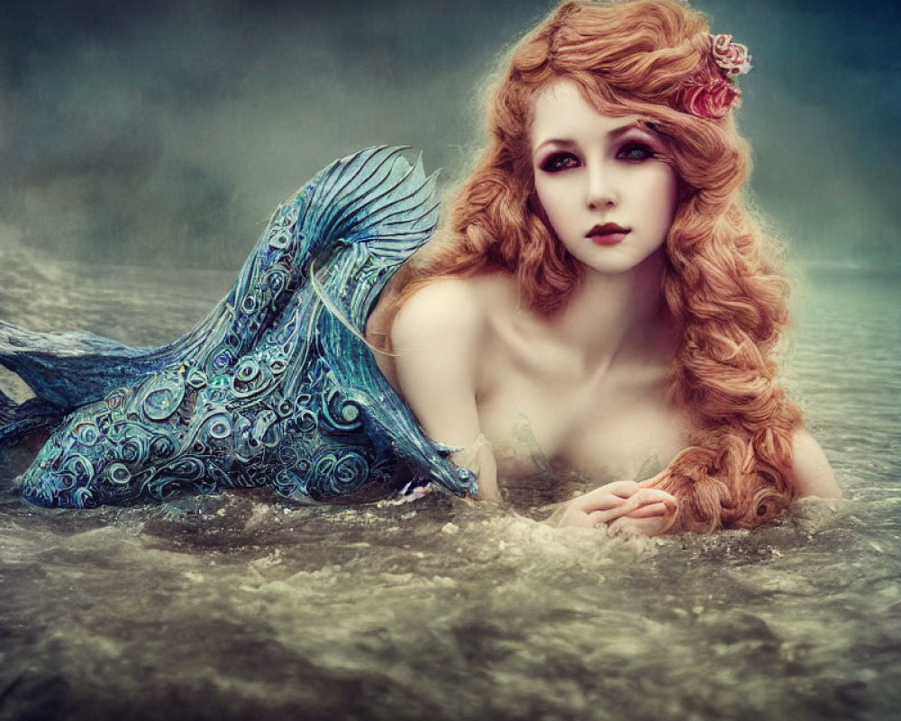 Mermaid Woman with Red Curly Hair Lying on Shore