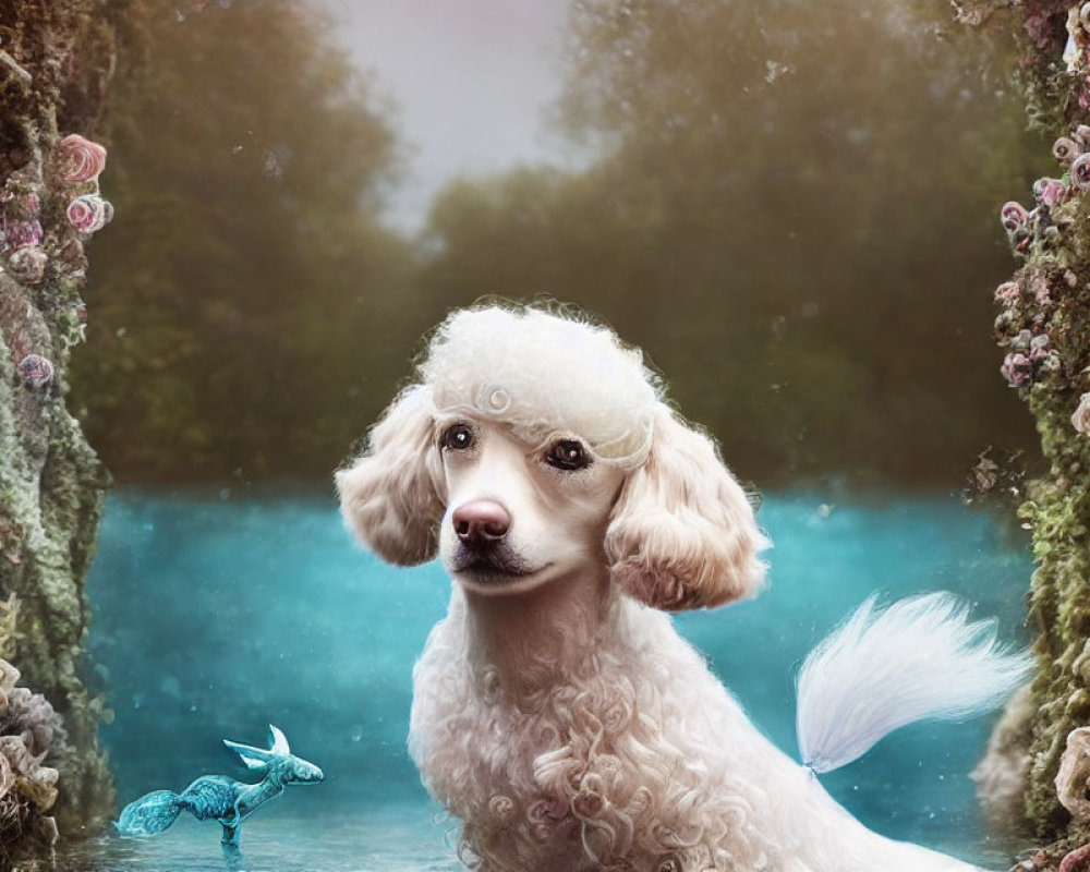 Whimsical poodle with mermaid tail in underwater scene