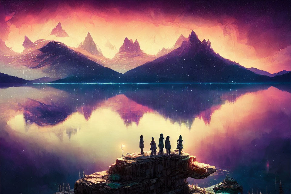 Silhouettes on rocky outcrop admire purple mountains reflected in tranquil lake