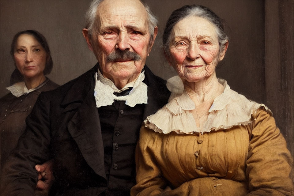Realistic portrait of elderly couple in black and gold attire with blurry figure