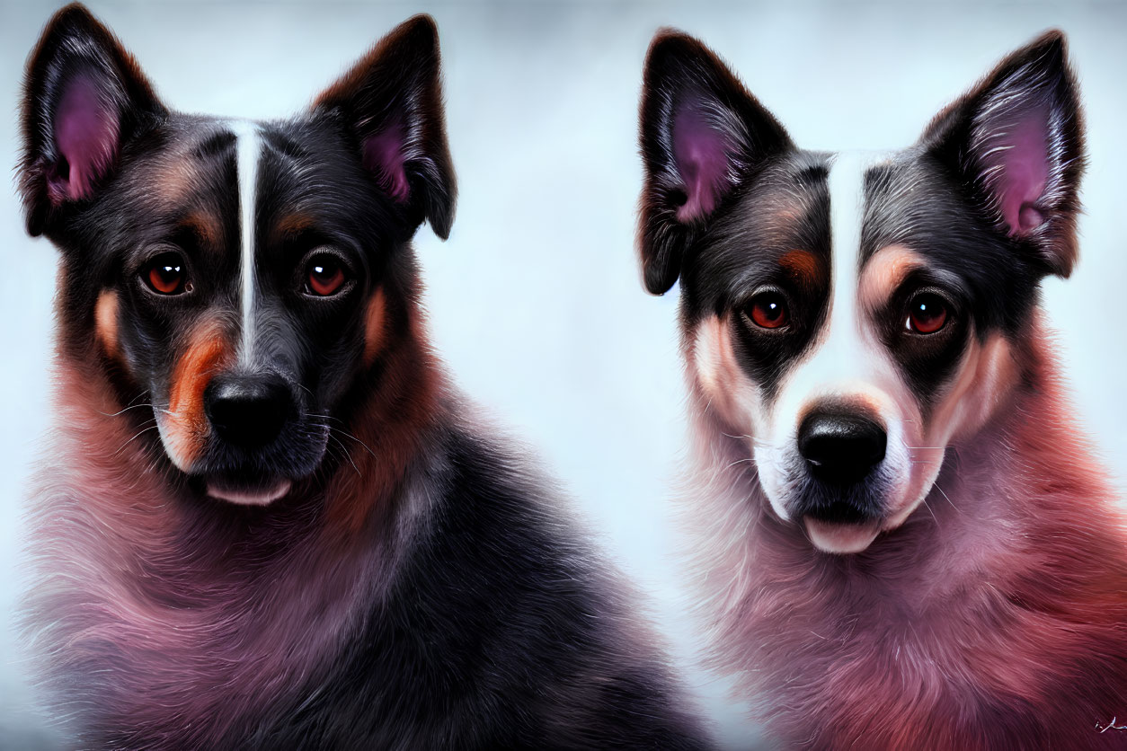 Realistic portraits of dogs with black, white, and brown fur on gray background
