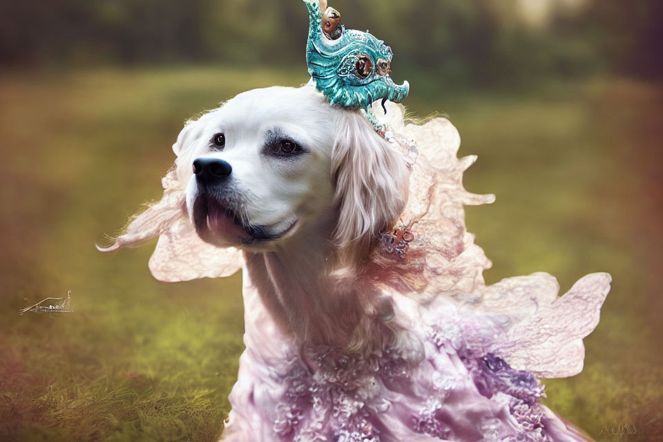 White Dog in Pink Dress and Turquoise Mask on Grass Background