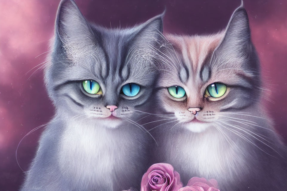 Fluffy cats with green and blue eyes on pink background with roses