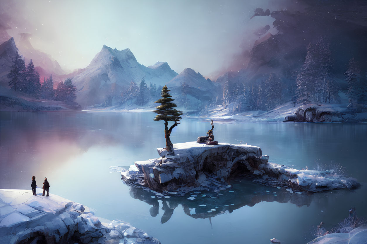 Snowy lake landscape with mountains and tree island